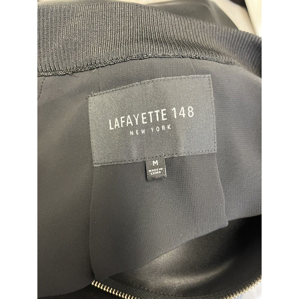 LAFAYETTE 148 Black Velvet Trimmed Brea Satin Sweater Bomber Jacket Size M - Picture 4 of 5